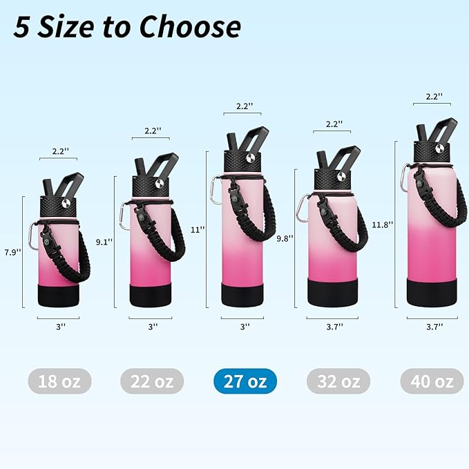 BJPKPK 27oz Insulated Water Bottles with 3 Lids, Paracord Handle & Non-slip Boot, Stainless Steel Metal Water Bottle with Straw, BPA Free Leak Proof Thermo, Tumblers,Cherry