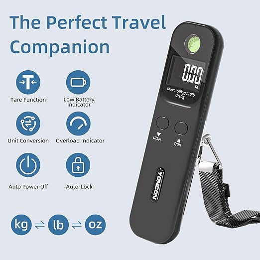 Luggage Scale - 110lb Digital Suitcase Weight Scale with LCD Display, 3 Units (lb/kg/oz) and Tare Function, Portable Travel Essentials for Backpacks, Packages and Outdoor Gear (Black)