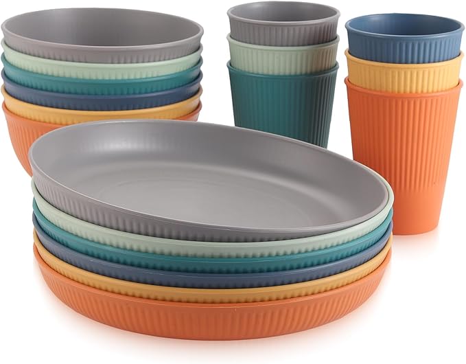 Plastic Plates and Bowls Sets, 18pcs Unbreakable Camping Dinner Set for 6, Reusable, Microwave & Dishwasher Safe Dinner Set, for Kitchen Outdoor Travel Camping Picnic Party