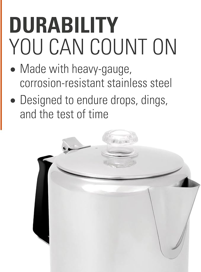 GSI Outdoors Percolator Coffee Pot I Glacier Stainless Steel with Silicone Handle for Camping, Backpacking, Travel, RV & Hunting - Stove Safe