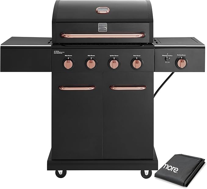 Kenmore 4-Burner BBQ Gas Grill with Searing Side Burner, Propane Grill, 52,000 BTUs, Warming Rack, Electronic Ignition & Cast Iron Cooking Grates, Black/Copper + Bonus Cover