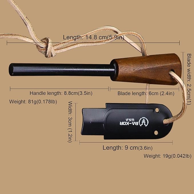 BA-KOR 5.9in Iron Rod Fire Classic Kit - 25,000+ Strike, 5500°F Spark, Waterproof Flint Steel with Wooden Handle and Sheath for Camping, Hiking, and Survival