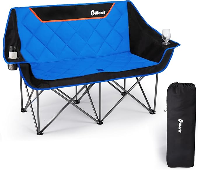 EMERIT Double Camping Chair Oversized Padded for Adults, Heavy Duty Folding Loveseat for Outdoor, Camping, Beach, Lawn, Concert 650LB