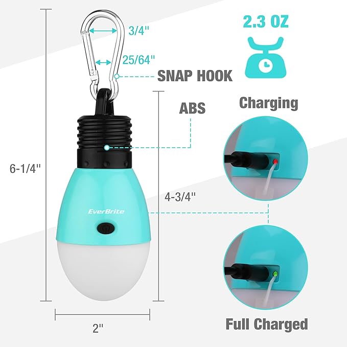 EverBrite Rechargeable Camping Light,Portable Tent Lantern,3 Lighting Modes, Hanging Tent Light Bulbs with Clip Hook for Hiking, Fishing, Backpacking, Emergency and More,Blue(2 Pack)