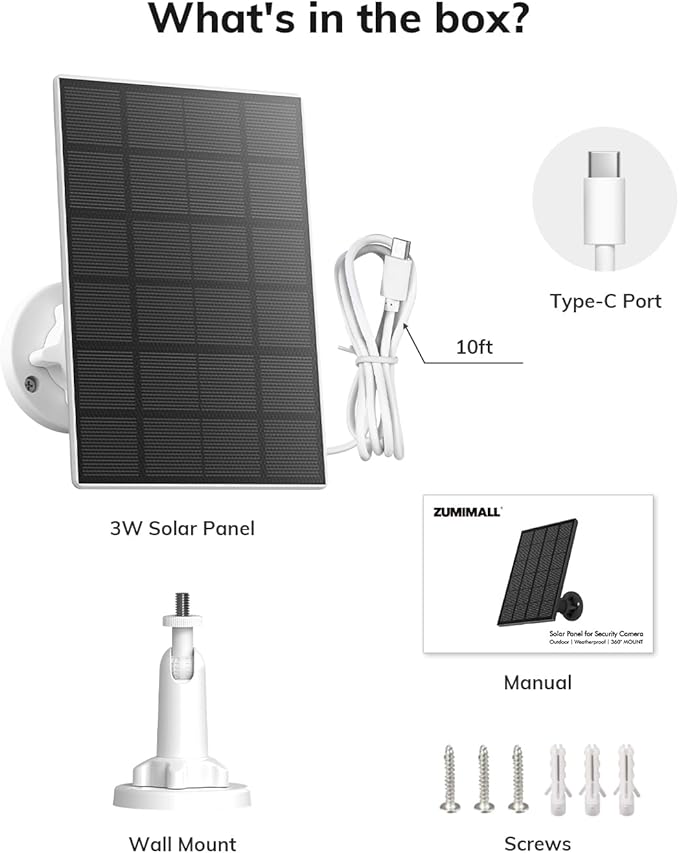 ZUMIMALL 3W Solar Panel for Security Camera Wireless Outdoor, IP66 Waterproof Solar Panel with 10ft Type C Cable, Suitable for All Security Camera (Type C Port)
