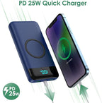 Wireless Portable Charger 30,800mAh 15W Wireless Charging 25W PD QC4.0 Fast Charging Smart LED Display USB-C Power Bank,4 Output& 2 Input External Battery Pack Compatible with iPhone, Samsung etc-Blue
