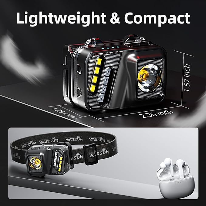 WARSUN Rechargeable Lightweight Headlamp 2 Packs – 750 Lumens Running & Helmet Light, LED Head Torch with Motion Sensor, 5 Modes, for Night Running, Fishing, Camping, Cycling, Work
