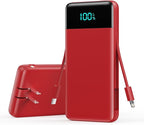 YHO Portable Charger 13800mAh for iPhone with Built-in Cables & AC Wall Plug,5-in-1 USB-C Power Bank,LCD Display External Battery Pack Phone Charger Compatible with iPhone 16/15/14,Android (Red)