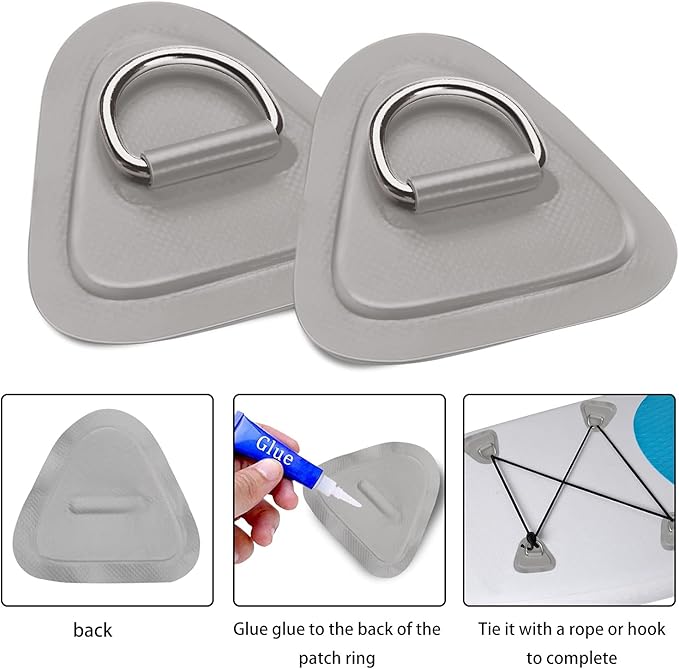 TOBWOLF 6 Pack 3.54" / 9cm Stainless Steel D-Ring Patch for Inflatable Boat Kayak Dinghy SUP, Triangular D-Ring PVC Patch Stand-Up Paddleboard Canoe Rafting Accessories, NO Glue Included