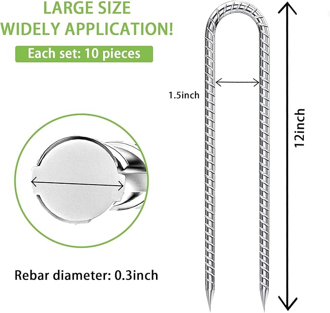 Rebar-Stakes-12-Inch-U-Shaped, Ground Stakes Heavy Duty for High Winds Galvanized Anti-Rust 10pcs Metal Stakes for Ground Heavy Duty Ground Anchors for Garden Dog Fence Chicken Coop Water Pipe