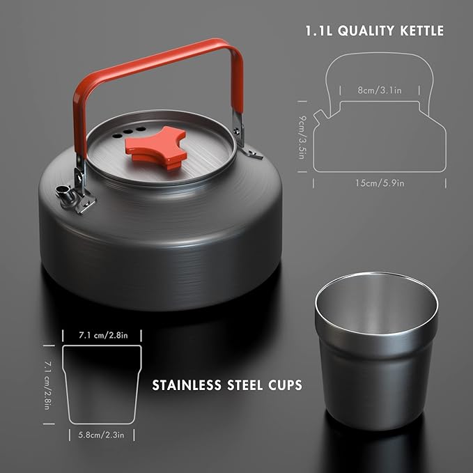 Lixada 1.1L Camping Kettle Set with Cups, Lightweight Aluminum Camp Tea Coffee Pot with Stainless Steel Mugs & Carrying Bag, Portable Outdoor Camping Cookware for Hiking Backpacking Picnic