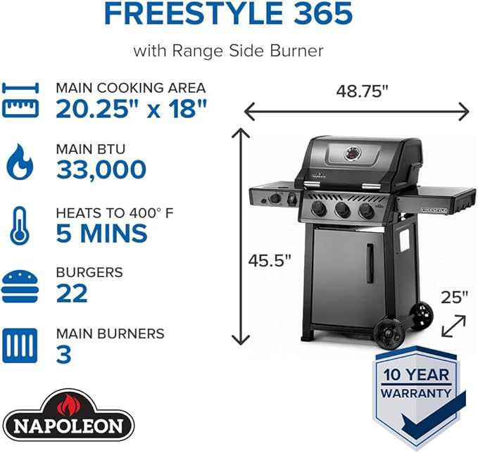 Napoleon Freestyle 365 Propane Gas Outdoor Grill with Range Side Burner, Graphite Grey – 4-Burner BBQ for Versatile Cooking