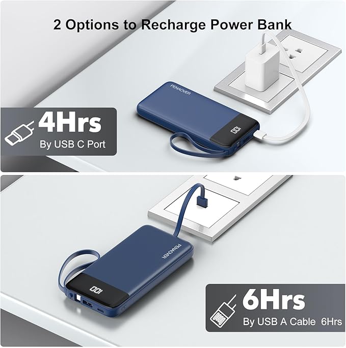Portable Charger Built-in Cables,10000mAh Power Bank for iPhone,Fast Charge USB C Battery Pack Travel Essentials Slim Lightweight Powerbank Compatible with iPhone 17/16/15/14, Samsung, Android(2 Pack)