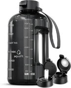 AQUAFIT Half Gallon Water Bottle with Time Marker - Straw & Chug Lid - BPA Free Gym Water Bottle with Straw - Big Gallon Jug (Gray, 64 oz - 2 Lids)