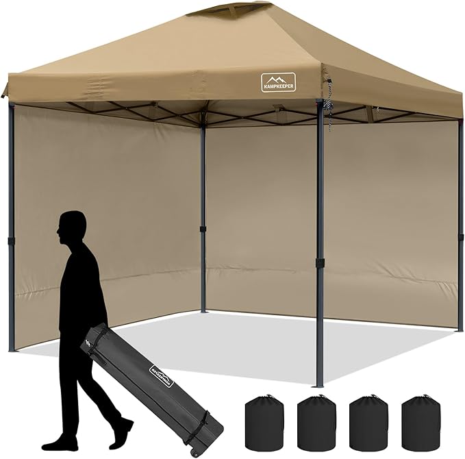 KAMPKEEPER 10x10 Pop Up Canopy Tent with 2 Sidewalls, Beach Tent - Easy Outdoor Sun Shade for Events, Parties, Camping - Gazebo with 4 Weight Bags & Carry Bag.（Khaki）