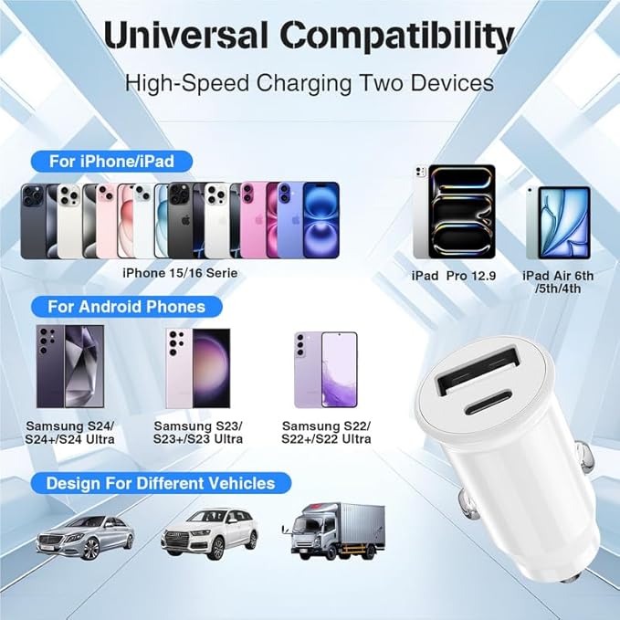 USB C Car Charger for iPhone 17 16 15 Pro Max,40W Dual Port USB-C & USB-A Car Fast Charging Adapter, 2X6FT C to C Cable & A to C Carplay Cable for iPhone 17 16 15 Series/iPhone Air,iPad,Samsung-Purple