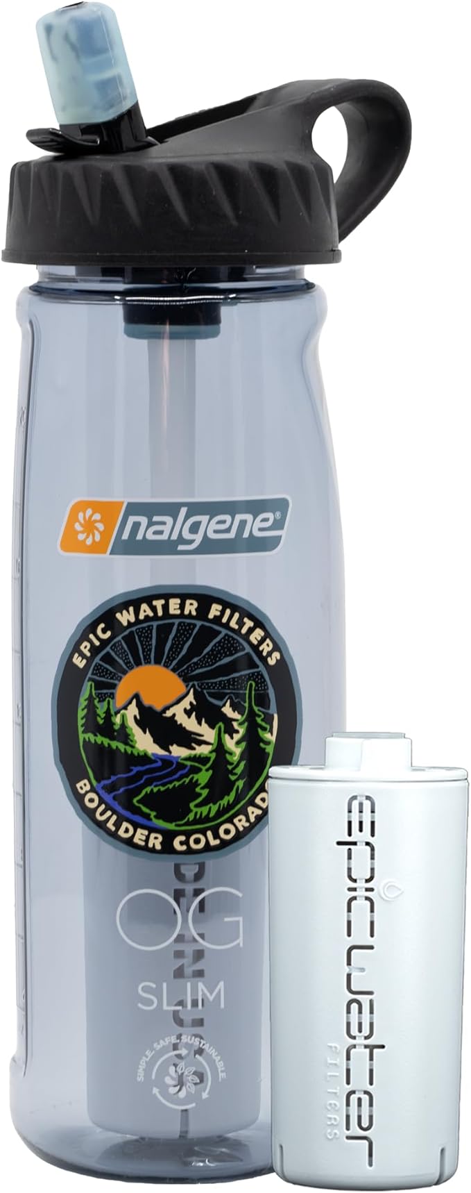 Epic Water Filters Nalgene OG Water Bottle with Filter, USA Made, BPA Free, Removes 99.99% Tap Water Contaminants, Forever Chemicals, Smoke Grey, 32 oz