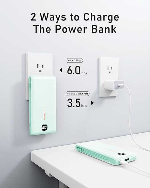VEEKTOMX Portable Charger with Built in Cables 10000mAh, Power Bank for iPhone with Wall Plug, Travel Essential Fast Charging Slim USB C External Battery Pack for iPhone 17/16/15, Samsung, iPad, etc