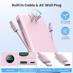 Portable Charger 33800mAh USB C Power Bank with Built-in Cables & AC Wall Plug,25W Fast Charging+QC 4.0 Phone Charger,4 Output LCD Display Battery Pack Compatible with iPhone16/15,Samsung,Android etc