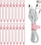 16Pcs Silicone Cable Straps Wire Organizer for Bundling Earphone, Phone Charger, Computer Cords, Reusable Cable Ties Cord Organizer in Home,Office,Kitchen,School(Pink)