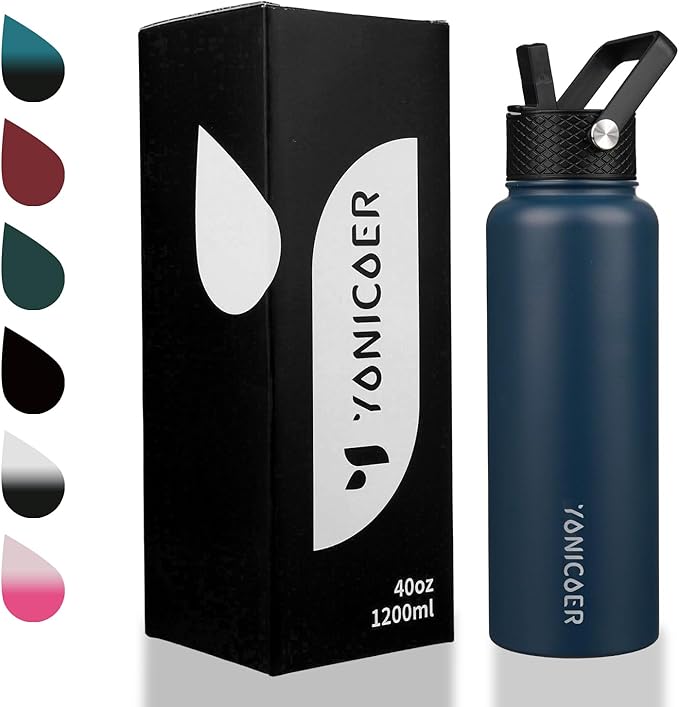 Insulated Water Bottle 40oz,Triple Wall Vacuum Stainless Steel(Dishwasher Safe),Leak Proof & Non-BPA,Flask Jug with Paracord Handle & Straw Spout Lids Sports Navy Blue