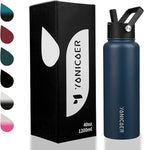 Insulated Water Bottle 40oz,Triple Wall Vacuum Stainless Steel(Dishwasher Safe),Leak Proof & Non-BPA,Flask Jug with Paracord Handle & Straw Spout Lids Sports Navy Blue