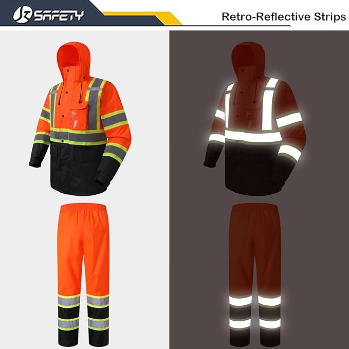 JKSafety Hi-Vis Reflective Safety Rain Jacket and Pants for Men Women Waterproof Rain Gears for Farming Fishing Work HV Rain Suit with Inner Mesh Lining and Pockets (117-Orange M)