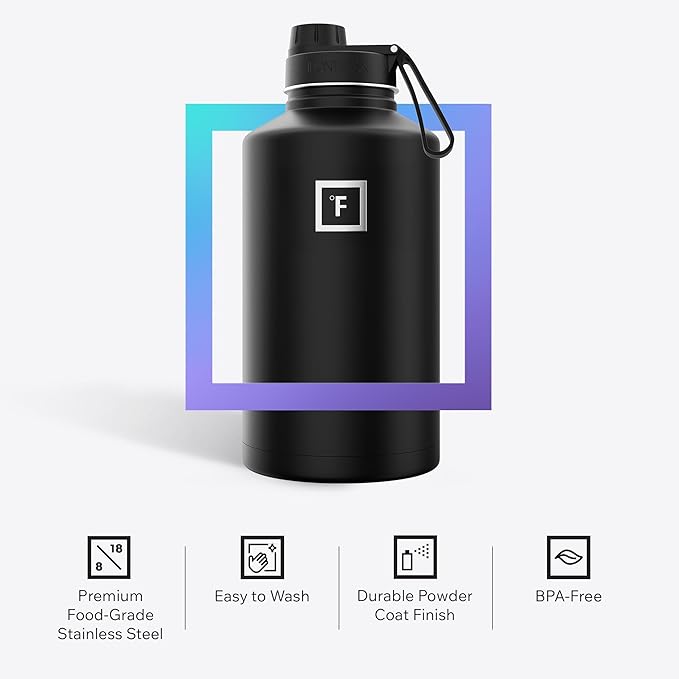 IRON °FLASK Camping & Hiking Hydration Flask with 3 Lids - Stainless Steel, Double Walled & Vacuum Insulated Water Bottle - Leak Proof & BPA Free (Dark Night, Spout - 64 oz)