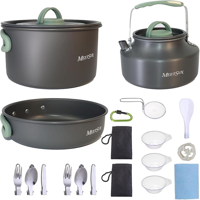 MEETSUN Portable Camping Pots and Pans Set,Aluminium Camping Cooking Set with Heat-Resistant Handles,Foldable Design,Quick-Clean Camping Cookware Set for Backpacking, Hiking,Survival,Emergency