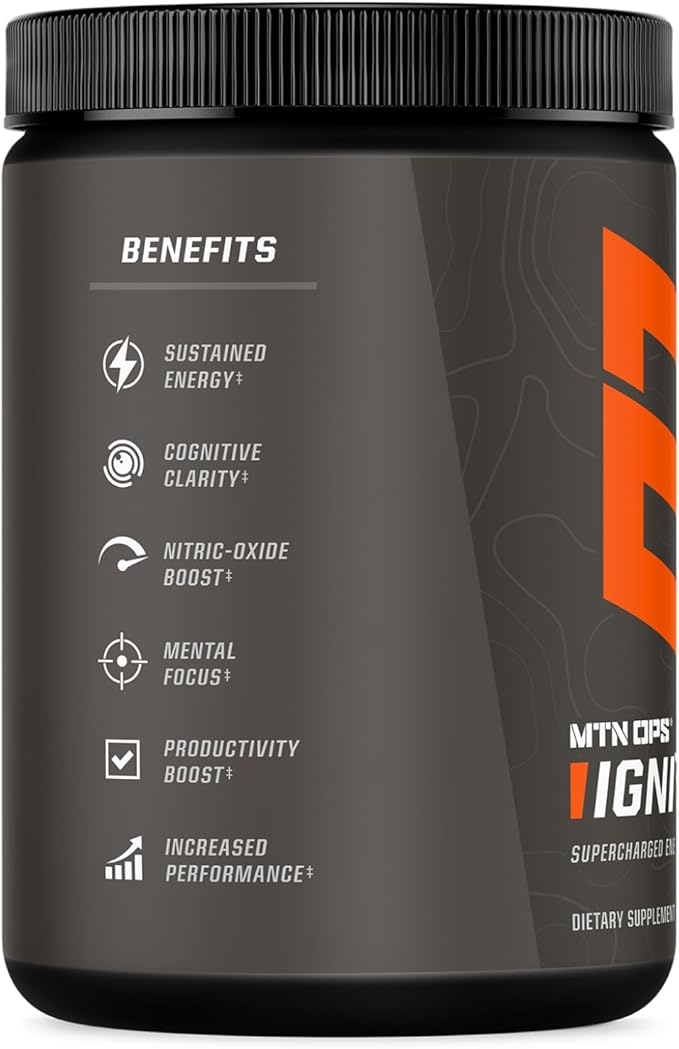 MTN OPS Ignite Energy Drink Powder, Naturally Gluten Free & Sweetened with Monk Fruit, Nitric Oxide Supplement Drink Mix, Caffeine & Nootropic Sugar Free Drink Mix, 45 Servings, Citrus Italian Ice