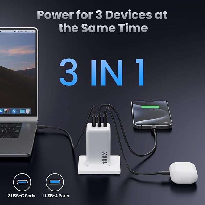 130W USB C Wall Charger,GaN III 3-Port Fast Charging Station,PD QC Foldable Charger Block Portable 65W USB C Laptop Adapter for MacBook Pro/Air,iPad Pro,Galaxy S23,Dell XPS 13,iPhone 16