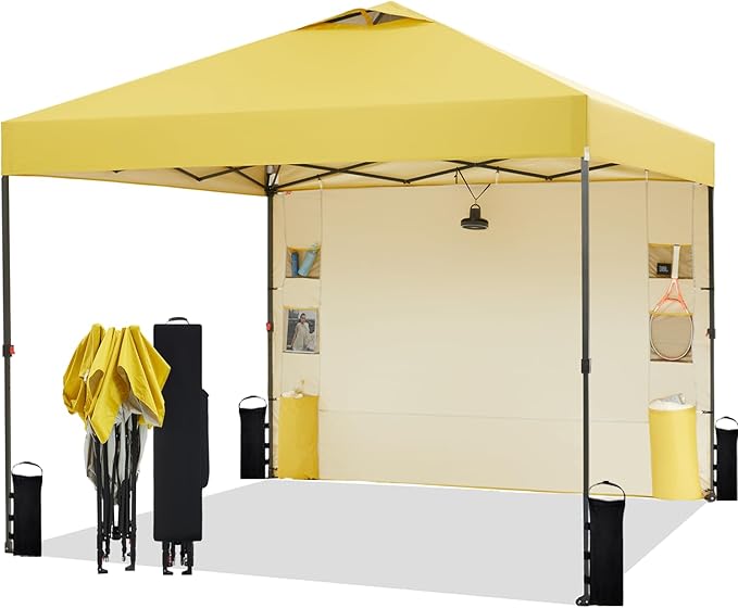 10'x10' Pop Up Canopy Tent with 1 Sidewall and 6 Pockets, One Push Setup, Instant Shade Tent with Vented Roof for Beach Patio Outdoor, Case, 8 Stakes, 4 Ropes, 4 Sandbags (Yellow, 10x10)
