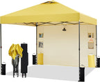 10'x10' Pop Up Canopy Tent with 1 Sidewall and 6 Pockets, One Push Setup, Instant Shade Tent with Vented Roof for Beach Patio Outdoor, Case, 8 Stakes, 4 Ropes, 4 Sandbags (Yellow, 10x10)