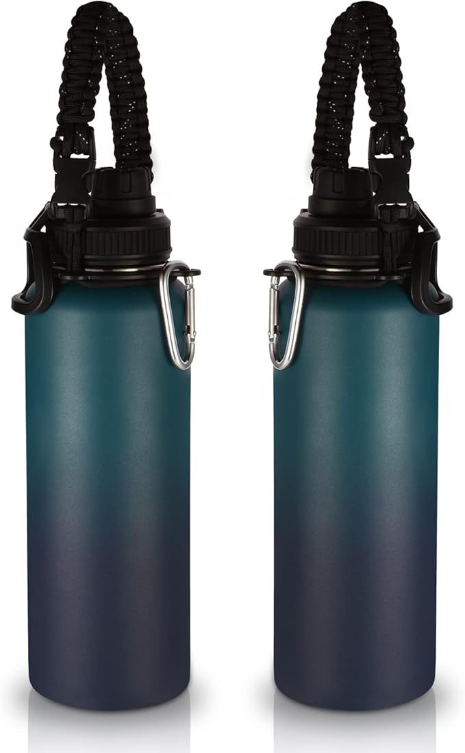 Volhoply Insulated Water Bottles Bulk 2 Pack, 40 oz Stainless Steel Sports Bottle with Paracord Handle & Spout Lid, Reusable Double Walled Vacuum Travel Cups for Adults Hiking(Dark Night,2 Set)