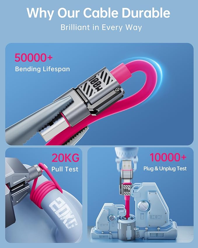 4 in 1 USB C Cable 100W 5FT Fast Charging & Data Transfer, Thicker Silicone Multi Charger Cord for iPhone iPad Charger Wire Combo with L/Type C/USB A for iPhone 16/15/Macbook (Pink)