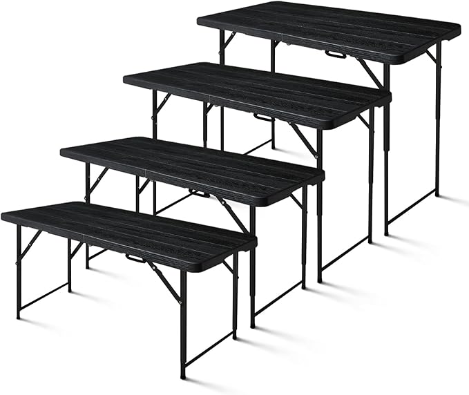 4ft Folding Table, Portable Fold-in-Half Adjustable Height Utility Table for Indoor/Outdoor Use, Durable HDPE & Steel, Stable & Lightweight, Multi-Purpose, Black Woodgrain
