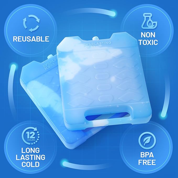 Everlasting Ice RX Large Reusable Ice Packs for Cooler with Handle (4 Pack) Long Lasting Coolness, BPA Free, Freezer Packs for Extended Cooling | Cooler Ice Packs for Camping, Fishing, Hiking, Beach