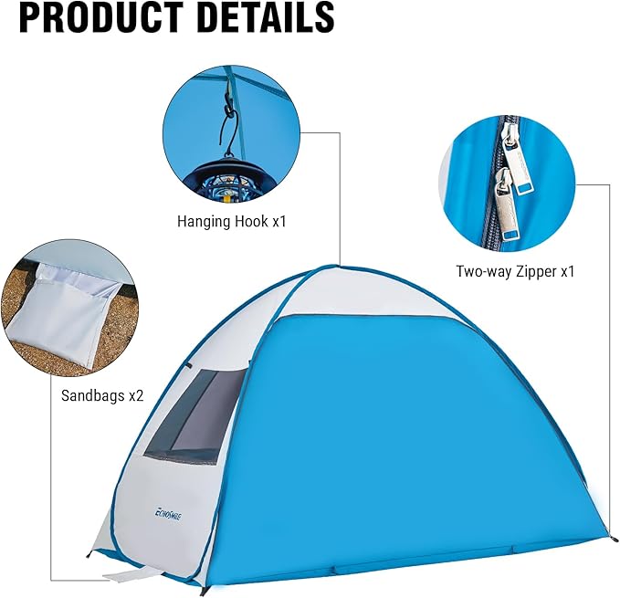 Pop Up Beach Tent for 4 Person with UPF 50+ Protection，Automatic Easy Setup Waterproof Beach Shade，Lightweight and Portable Beach Tent Sun Shelter - Light Blue