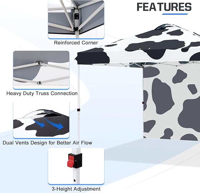 EAGLE PEAK Pop Up Canopy Tent with 1 Sidewall, Easy Setup Event Tent, Outdoor Sun Shade, Wheeled Carry Bag, Stakes and Guy Ropes, Instant Canopy 10x10, Cow Print