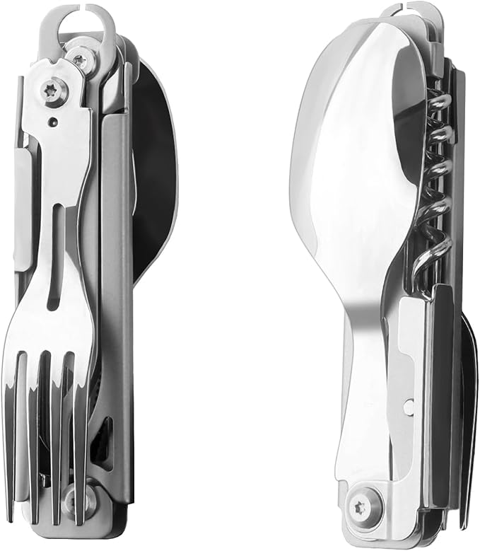Portable 5-in-1 Camping Utensils - Detachable Travel Utensils Flatware Set - Compact Camping Multitool With Spoon, Fork, Knife, Bottle Opener - Great for Outdoor Adventures (Stainless Steel)