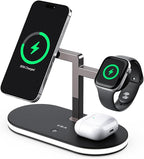 VBA 4 in 1 Wireless Charging Station for Apple MagSafe Charger,Fast Charging Magnetic Wireless Charger Stand with Night Light for iPhone 17 Air 16 15 14 13 12 Series,Apple Watch,AirPods Pro (Black)