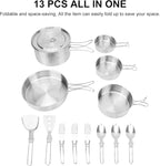 13 Piece Camping Cookware Set Stainless Steel Pots and Pans Set with Folding Forks Spoons Spatulas, Portable Lightweight Camping Mess Kit for Backpacking, Outdoor Cooking