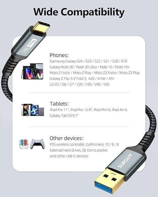 SUNGUY 10Gbps Android Auto USB C Cable 1.5FT, 5-Pack 3A USB 3.1 Gen 2 Fast Charge & Data Transfer USB C CarPlay Cable, for iPhone 17/16/15 Pro Max, Samsung T7, Galaxy S23 S22 Ultra Note 20, SSD