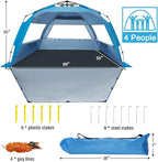 WhiteFang Deluxe Pop Up Beach Tent Sun Shade Shelter for 3-4/5-6 Person, UV Protection, Extendable Floor with 3 Ventilating Windows Plus Carrying Bag, Stakes, and Guy Lines