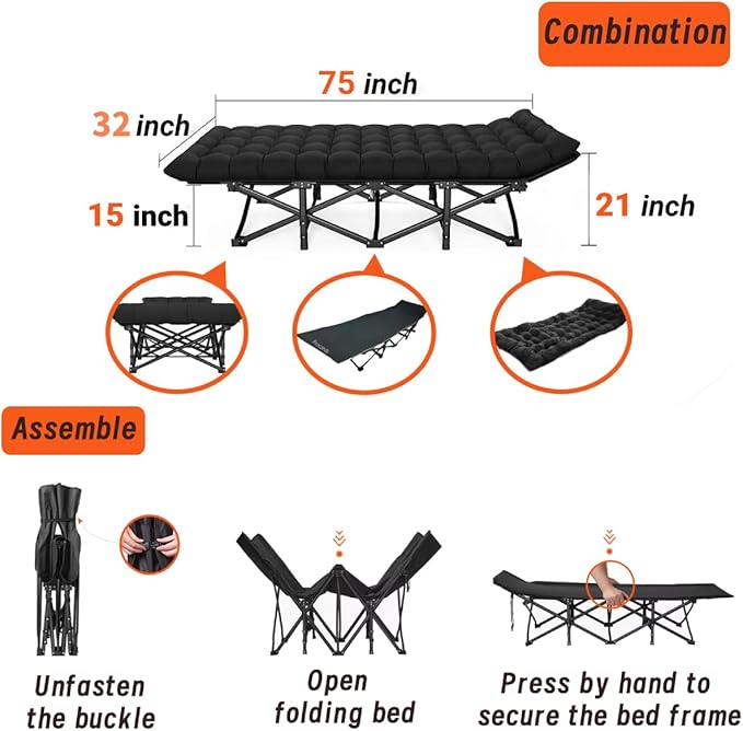 Oversized XXL Camping Cot, Folding Cot Camping Cots for Adults Portable Folding Outdoor Bed with Mat and Carry Bag, Heavy Duty Sleeping Cots for Outdoor Travel Camp Beach Vacation (Black)