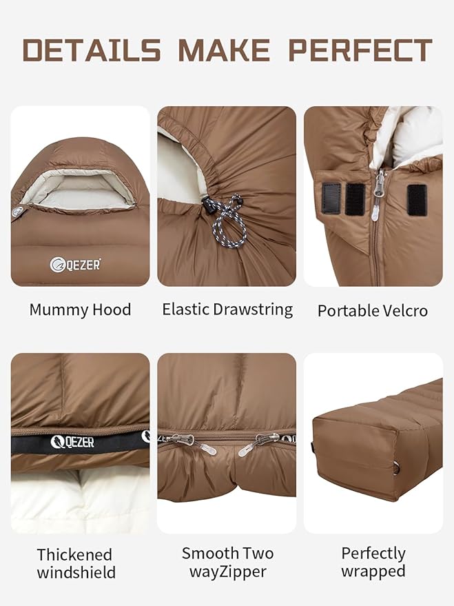 0 Degree Sleeping Bag for Adults 650 Fill Power Down Sleeping Bag for Cold Weather -20F / -8F / 0F / 10F Large Lightweight