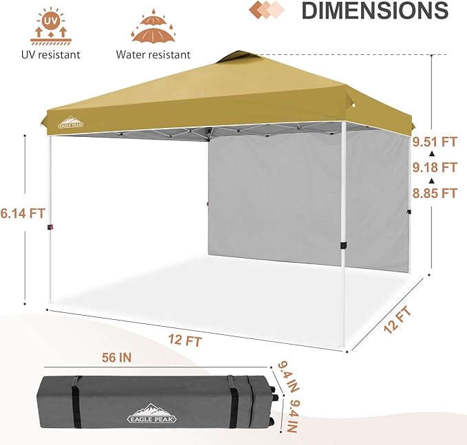 EAGLE PEAK Pop Up Canopy Tent with 1 Sidewall, Easy Setup Event Tent, Outdoor Sun Shade, Wheeled Carry Bag, Stakes and Guy Ropes, Instant Canopy 12x12, Beige