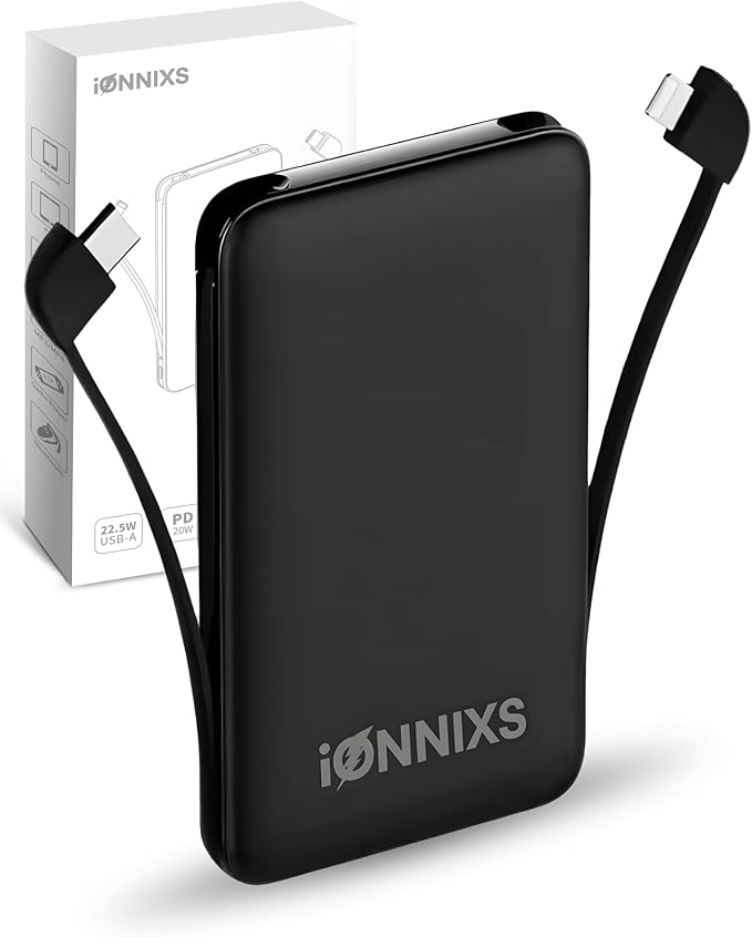 Portable Charger with Built in Cable - 10000mAh Ultra-Slim Portable Charger Power Bank with USB-C Cable, Lightning Cable - Fast Charge 20W - LED Battery Indicator, Power Bank (Black, 10.000mAh)