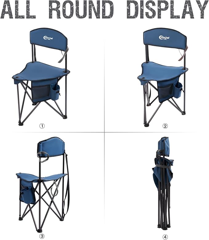 PORTAL Extra Large Quick Folding Tripod Stool with Backrest Fishing Camping Chair with Carry Strap