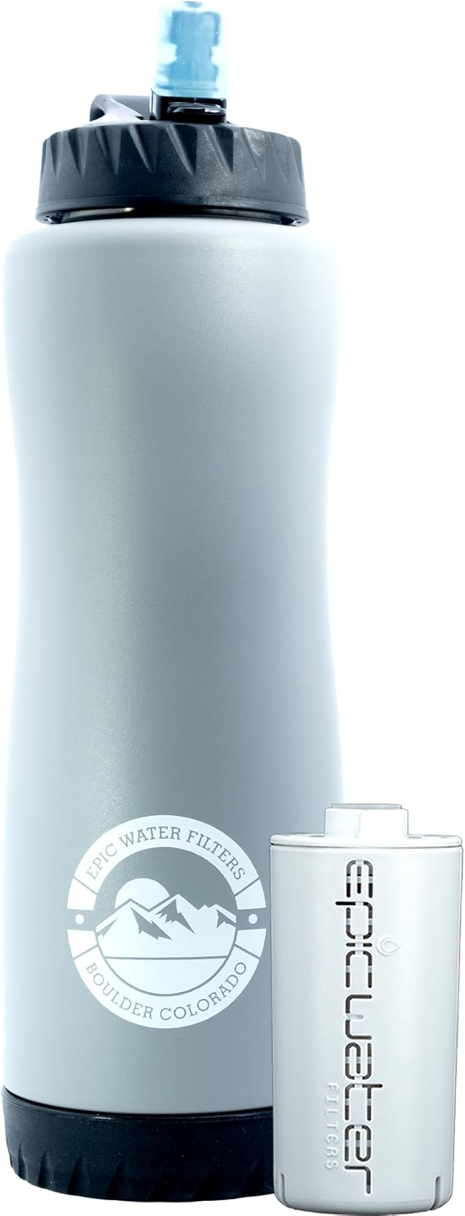 Epic Water Filters Vostok Stainless Steel Insulated Water Bottle and 75 Gallon Filter - Removes 99.99% of Water Impurities, 34oz,